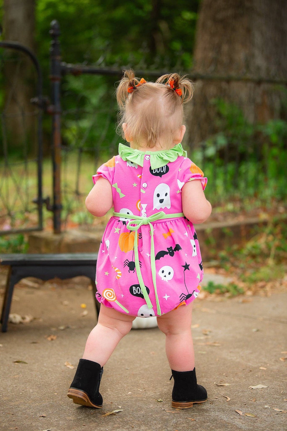 6M | Posh Pickle | Boo! Pink Knit Halloween Print Bubble with Lime Green Ruffle Collar | NWT