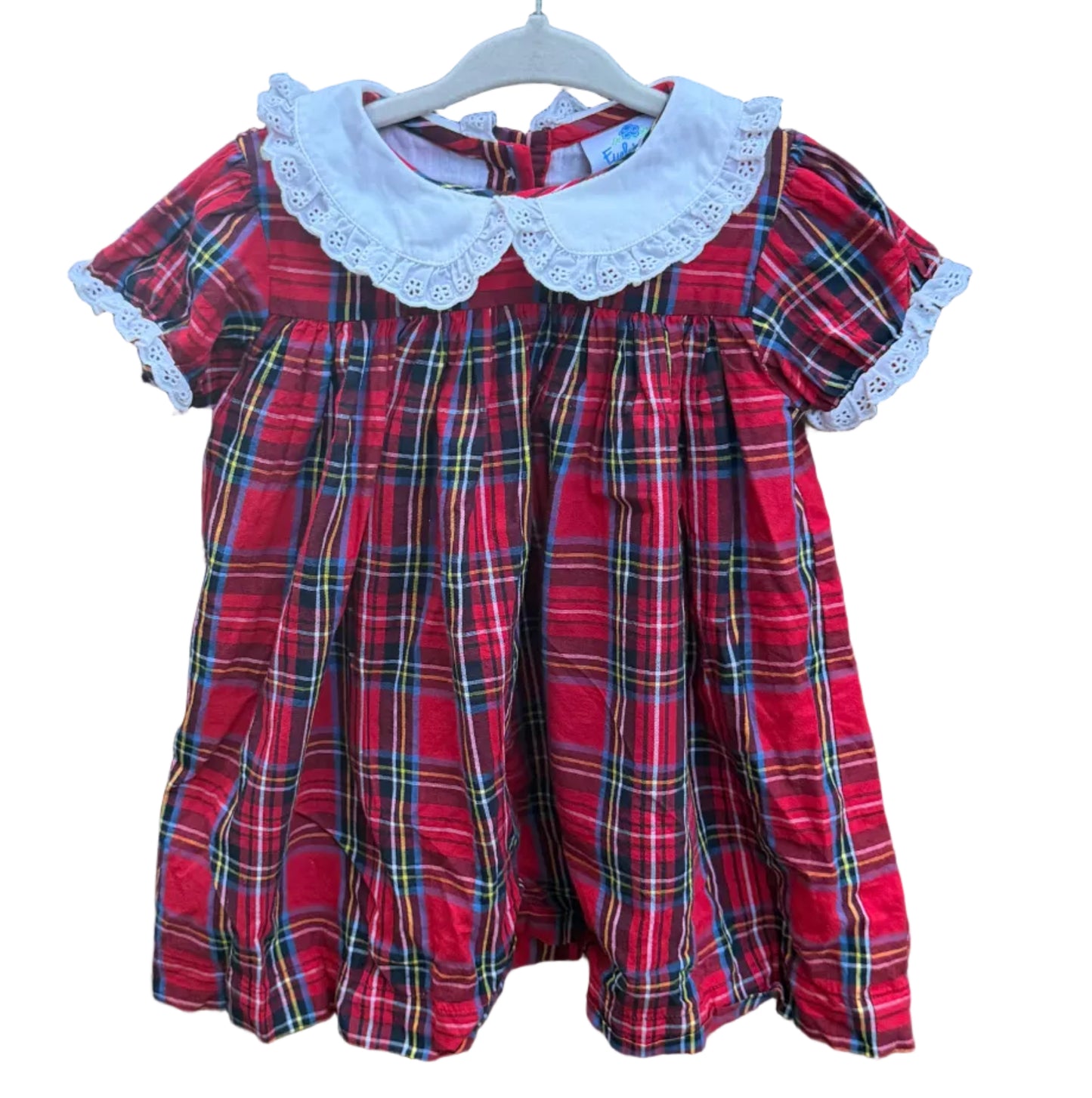 18M Eyelet & Ivy Christmas Plaid Short-sleeve Dress with Lace Peter Pan Collar and Trim EUC