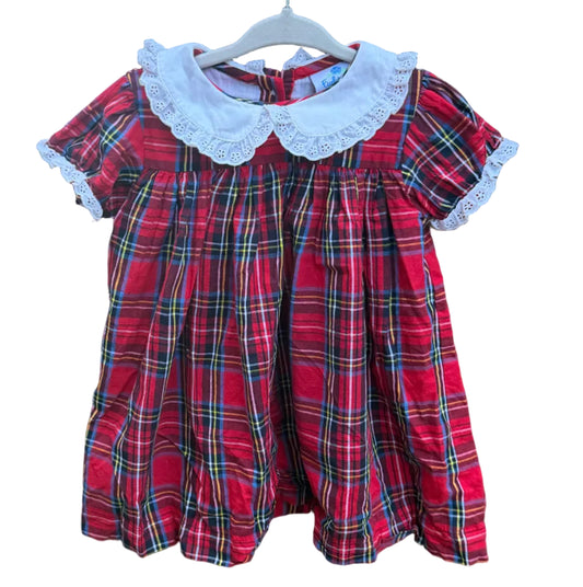 18M Eyelet & Ivy Christmas Plaid Short-sleeve Dress with Lace Peter Pan Collar and Trim EUC