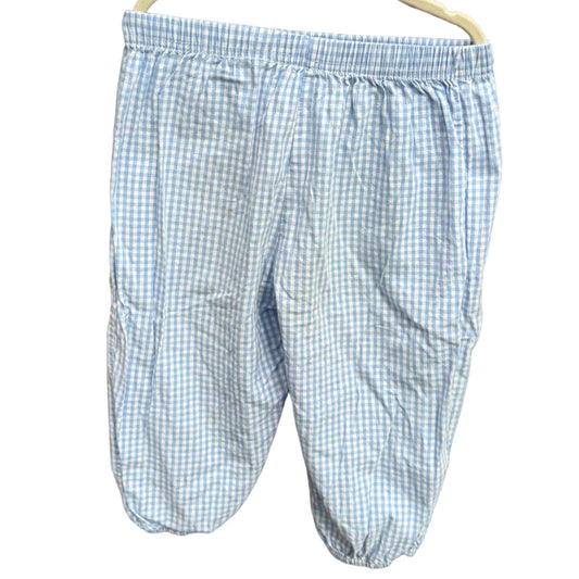 Light blue and white gingham check baby shorts hanging on a wooden hanger against a red-brown brick wall with green foliage in the background.