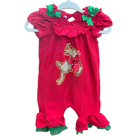 0-3M Bonnie Baby Red Reindeer Ruffle Short-sleeve Romper GUC