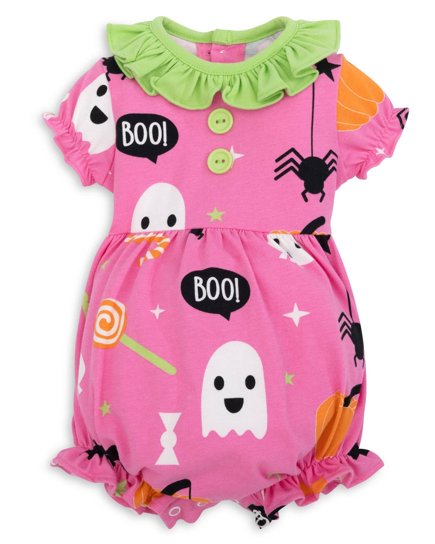 6M | Posh Pickle | Boo! Pink Knit Halloween Print Bubble with Lime Green Ruffle Collar | NWT