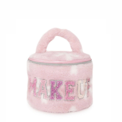 'MAKEUP' Plush Bow Printed Round Glam Bag