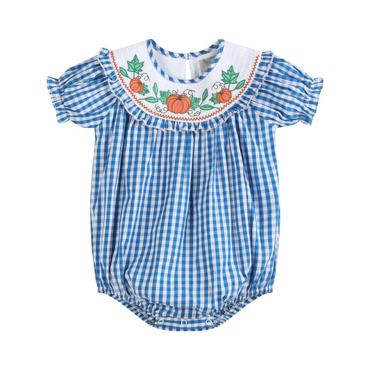 6-12M | Lil Cactus | Blue Gingham Pumpkin Smocked Ruffle Romper | NWT