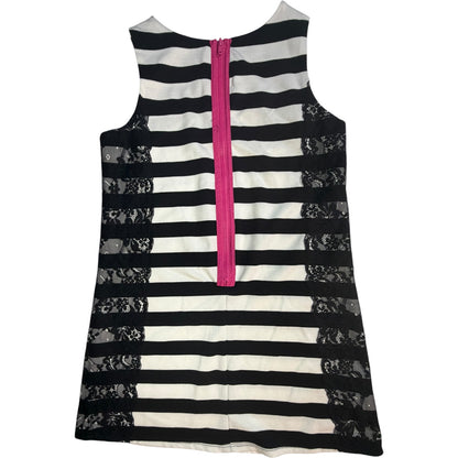 8 Pippa and Julie Black and White Striped with Black Lace Dress with Hot Pink Back Zipper EUC