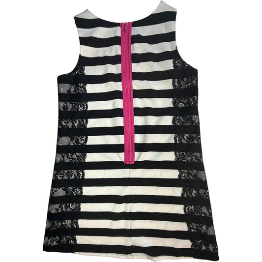 8 Pippa and Julie Black and White Striped with Black Lace Dress with Hot Pink Back Zipper EUC