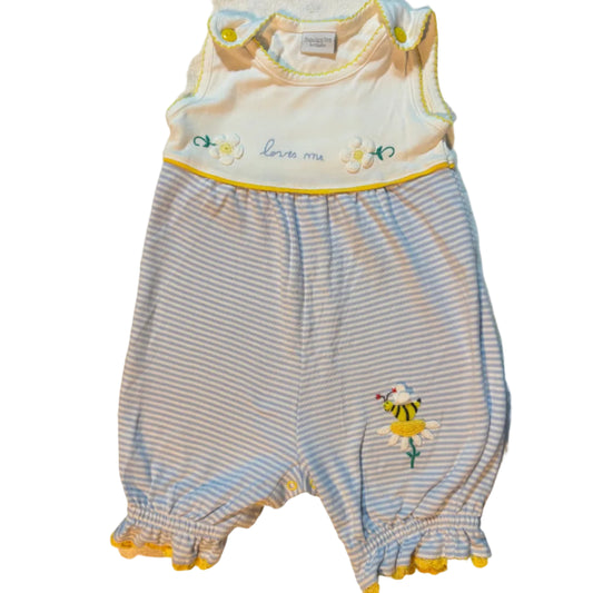 A baby romper and matching diaper cover set laid flat on a white towel. The romper has light blue and white stripes, a yellow ruffle trim, and a small embroidered tiger motif.