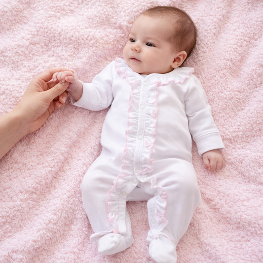 6M | Magnolia Baby | Baby Girl White Ruffle Footie with Pink Trim | NWT