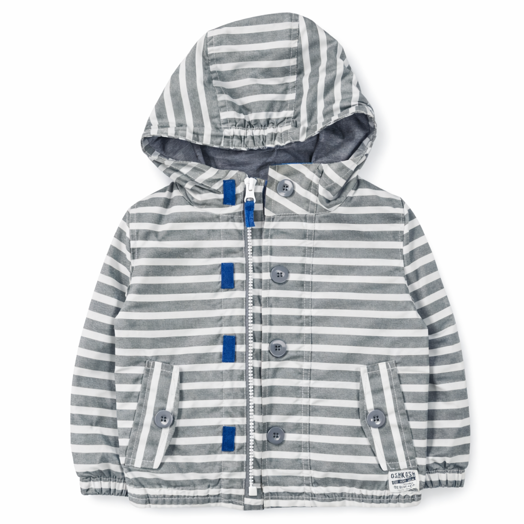 OshKosh Boys Gray & White Striped Hooded Rain Jacket size 12M good used condition