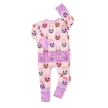 0-3M | Gigi and Max | Emmy Ruffle Zip Bamboo Halloween Pumpkins Baby Outfit | NWT