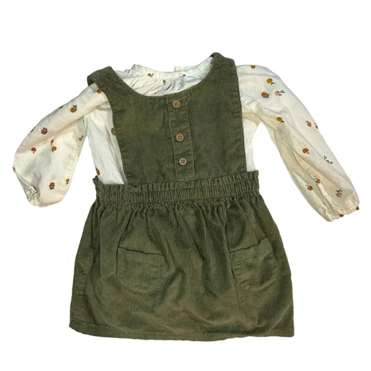 9M Carter's Green Corduroy Dress with White Apple Ruffle Blouse Set EUC