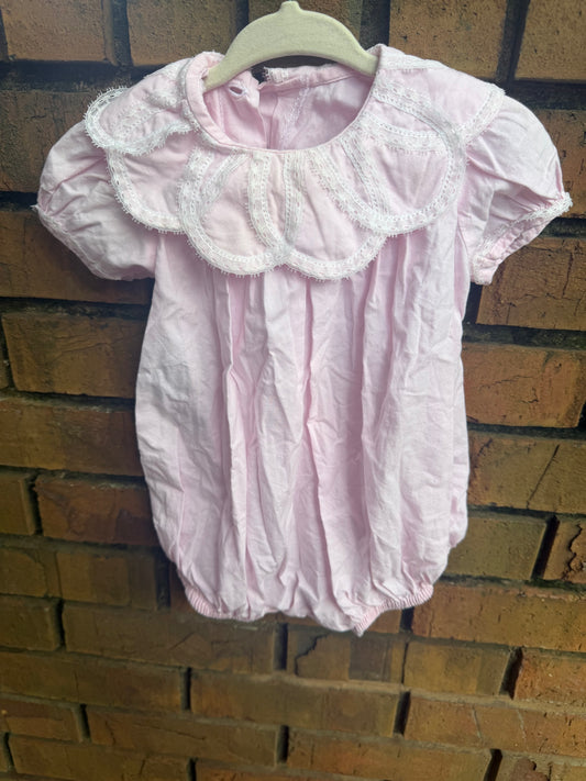 6M Baby Sen Baby Pink Lace Trim Scalloped Collar Bubble GUC