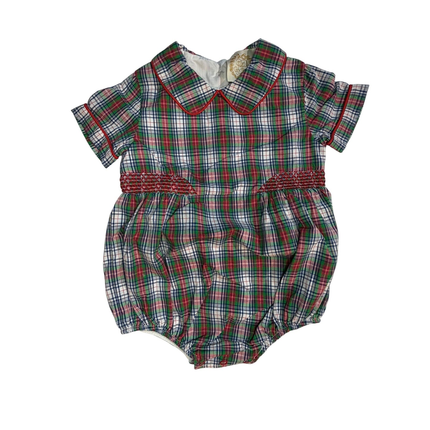12-18M The Beaufort Bonnet Company Christmas Hand Smocked Gingham Peter Pan Collar Bubble NWOT