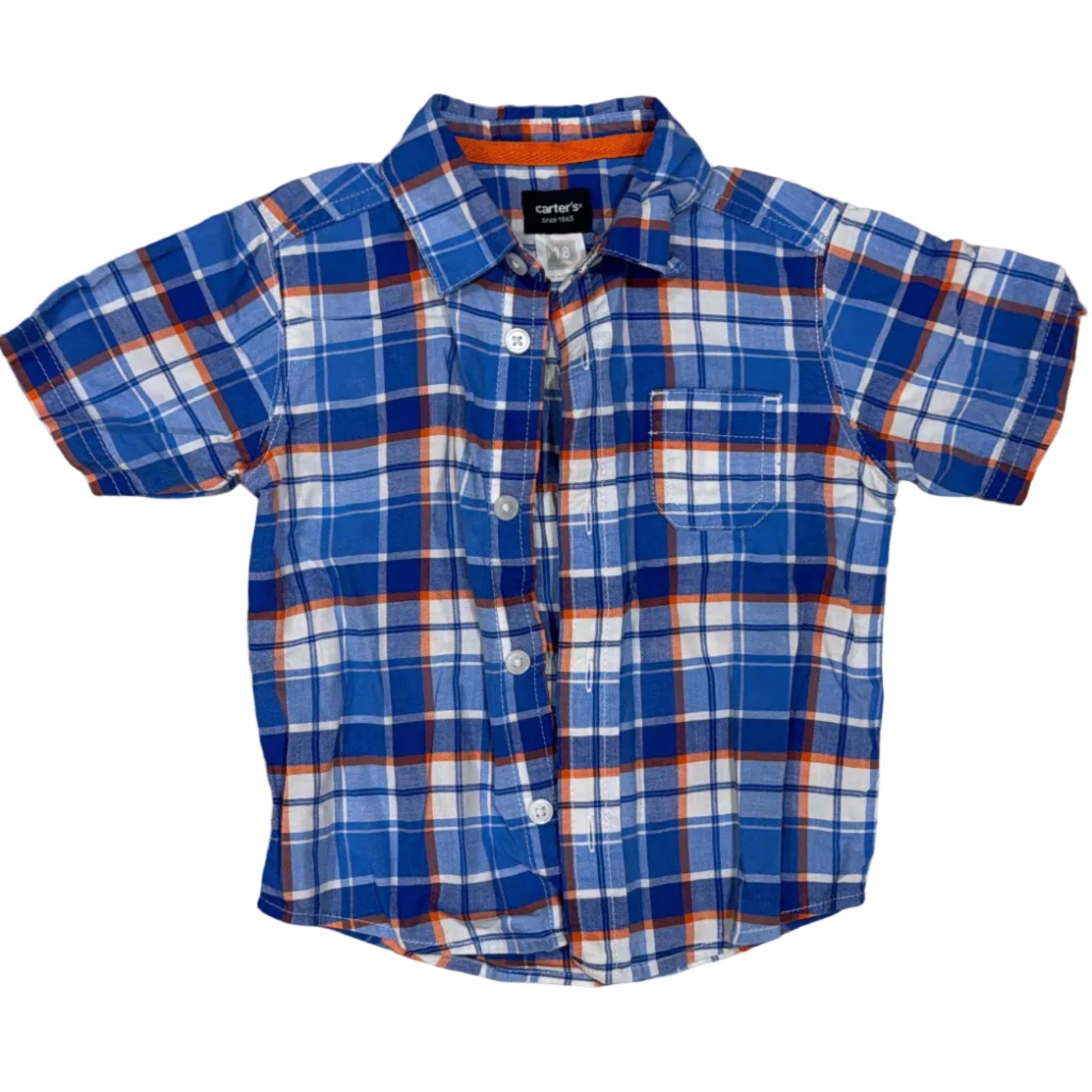A short-sleeve plaid button-up shirt for kids, featuring a blue, white, and orange pattern, laid flat on a light wood floor.