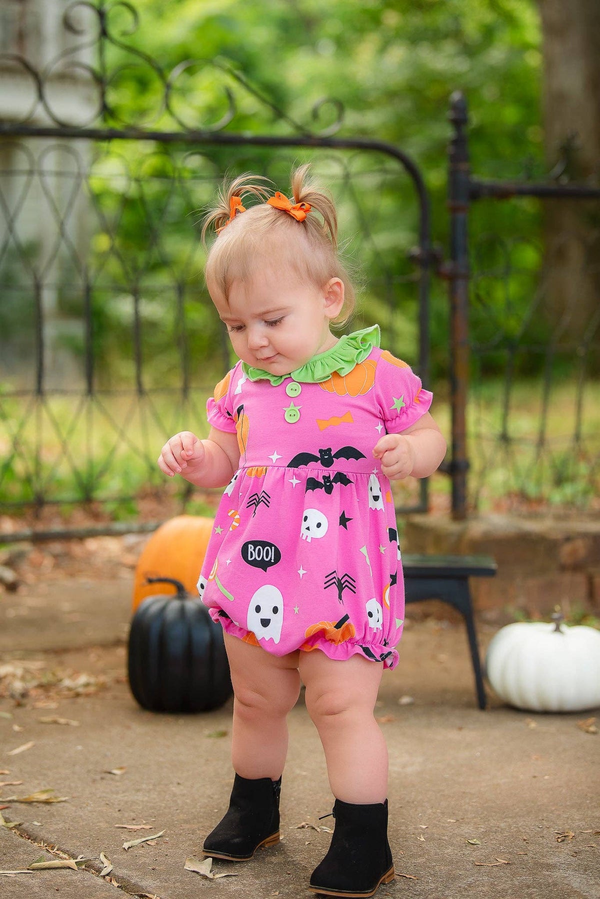 6M | Posh Pickle | Boo! Pink Knit Halloween Print Bubble with Lime Green Ruffle Collar | NWT