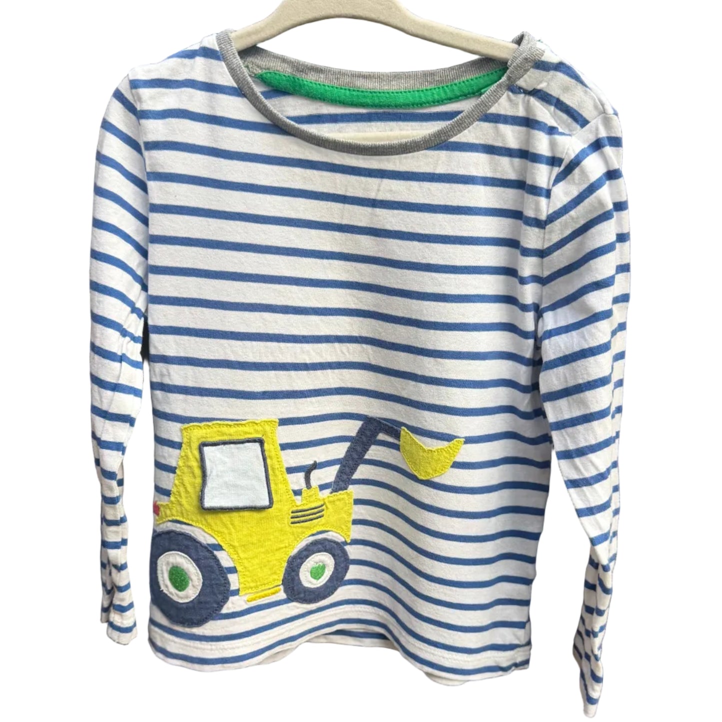 3-4Y Baby Boden Blue and White Striped Long-sleeve Dump Truck Shirt EUC
