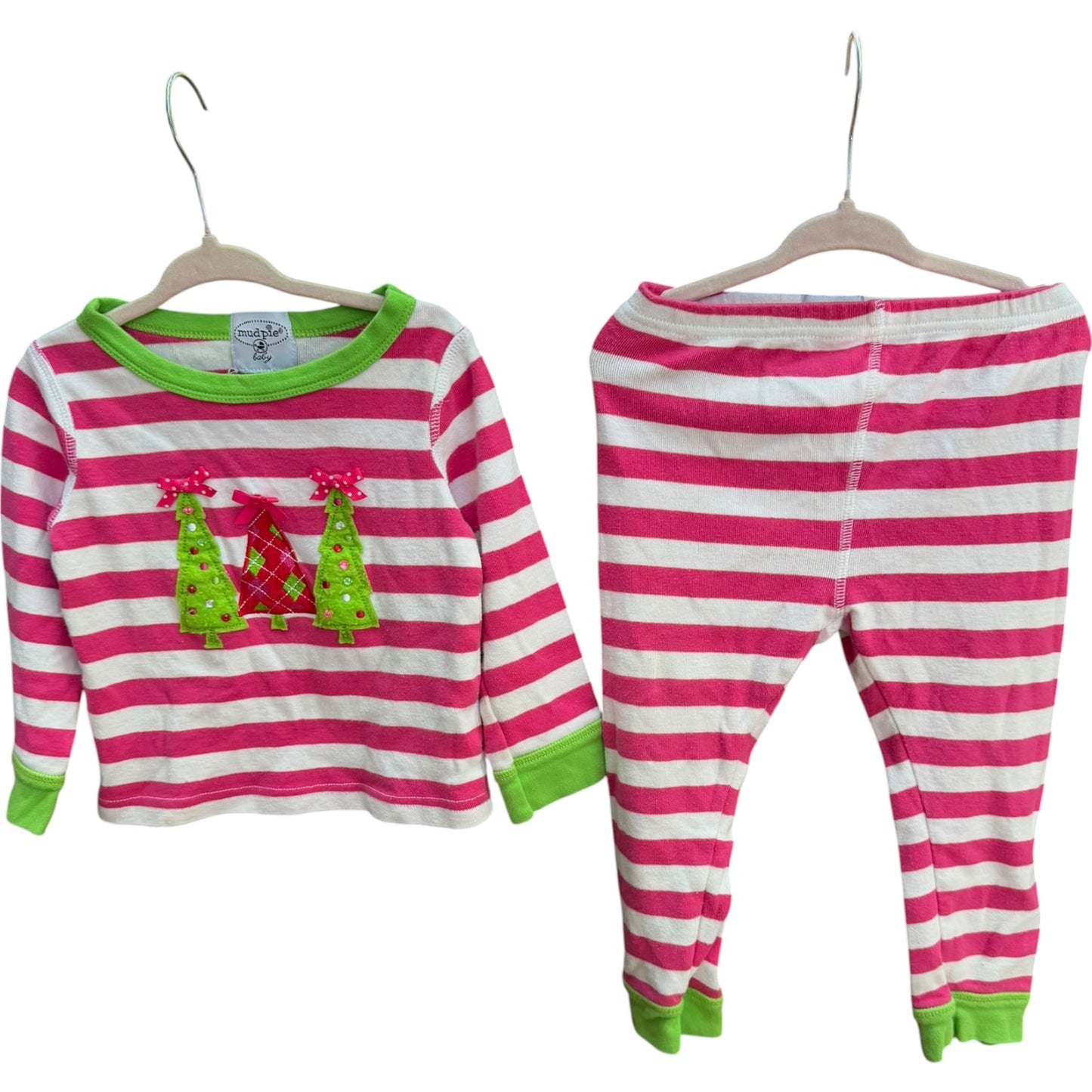 2T/3T Mudpie Baby Pink and White Striped Christmas Tree Outfit GUC