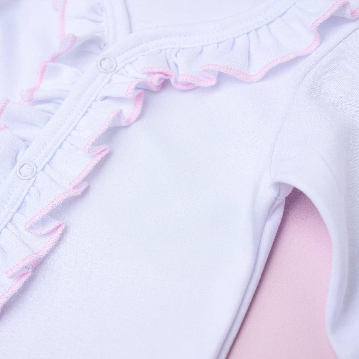 6M | Magnolia Baby | Baby Girl White Ruffle Footie with Pink Trim | NWT