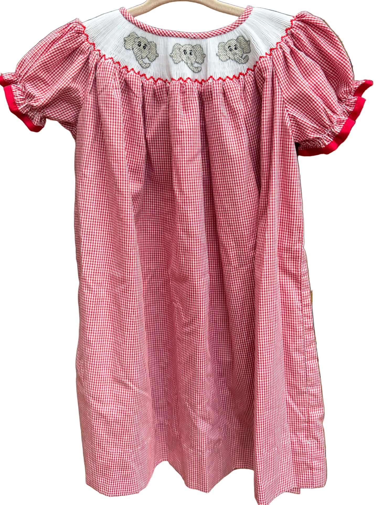 2T Classic Whimsy Elephant Smocked Red and white Gingham Short-sleeve Dress EUC