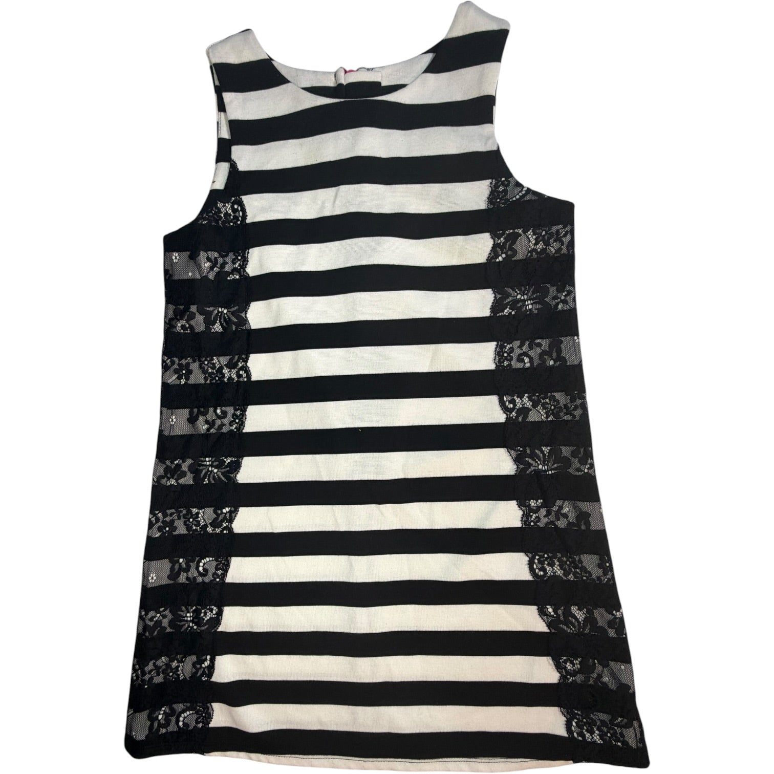 8 Pippa and Julie Black and White Striped with Black Lace Dress with Hot Pink Back Zipper EUC
