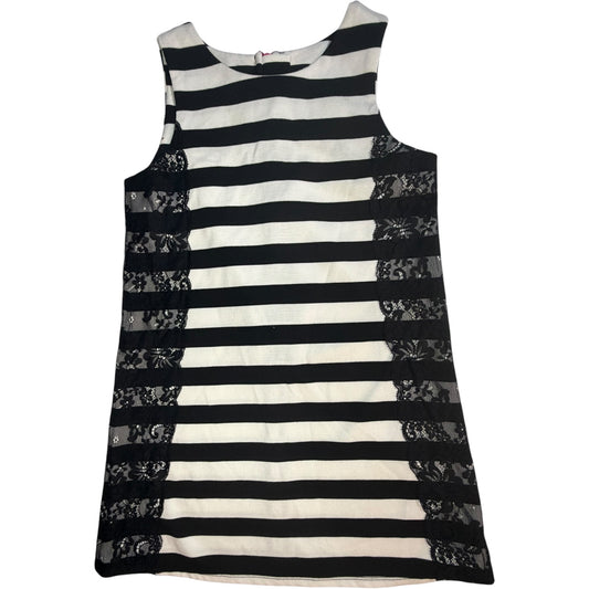 8 Pippa and Julie Black and White Striped with Black Lace Dress with Hot Pink Back Zipper EUC