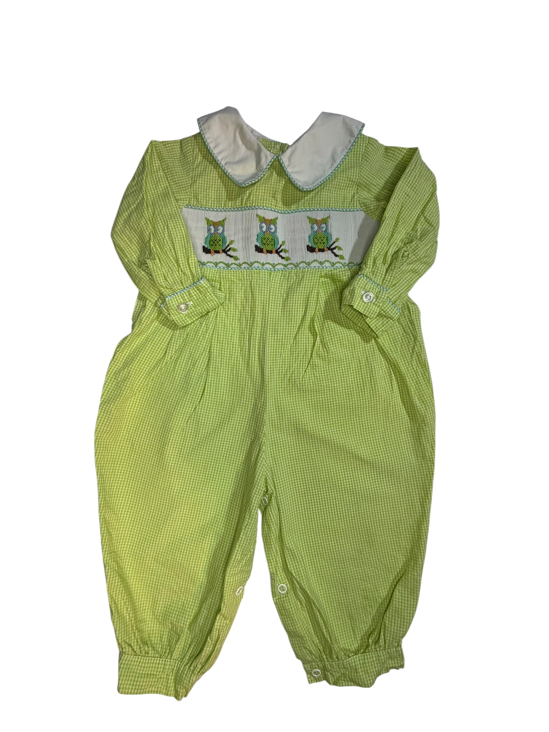 9M Shrimp & Grits Green and White Gingham Smocked Owl Longall with Peter Pan Collar EUC