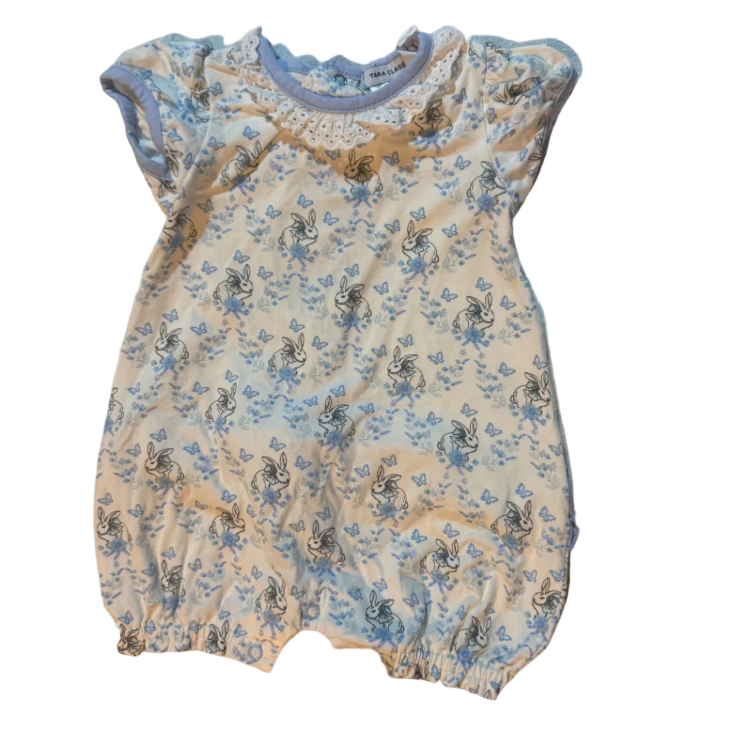 12M Tara Classics White and Baby Blue Ruffle Bubble with Lace Collar GUC