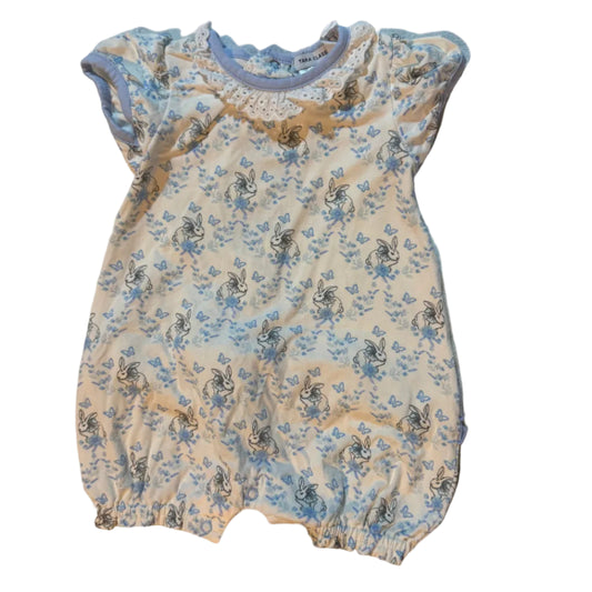 12M Tara Classics White and Baby Blue Ruffle Bubble with Lace Collar GUC