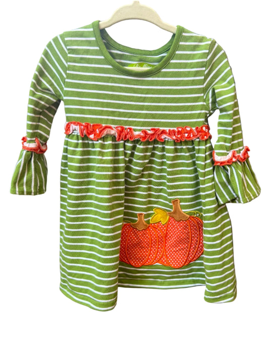 12M Be Mine Green and White Striped Pumpkin Ruffle Long-sleeve Dress EUC