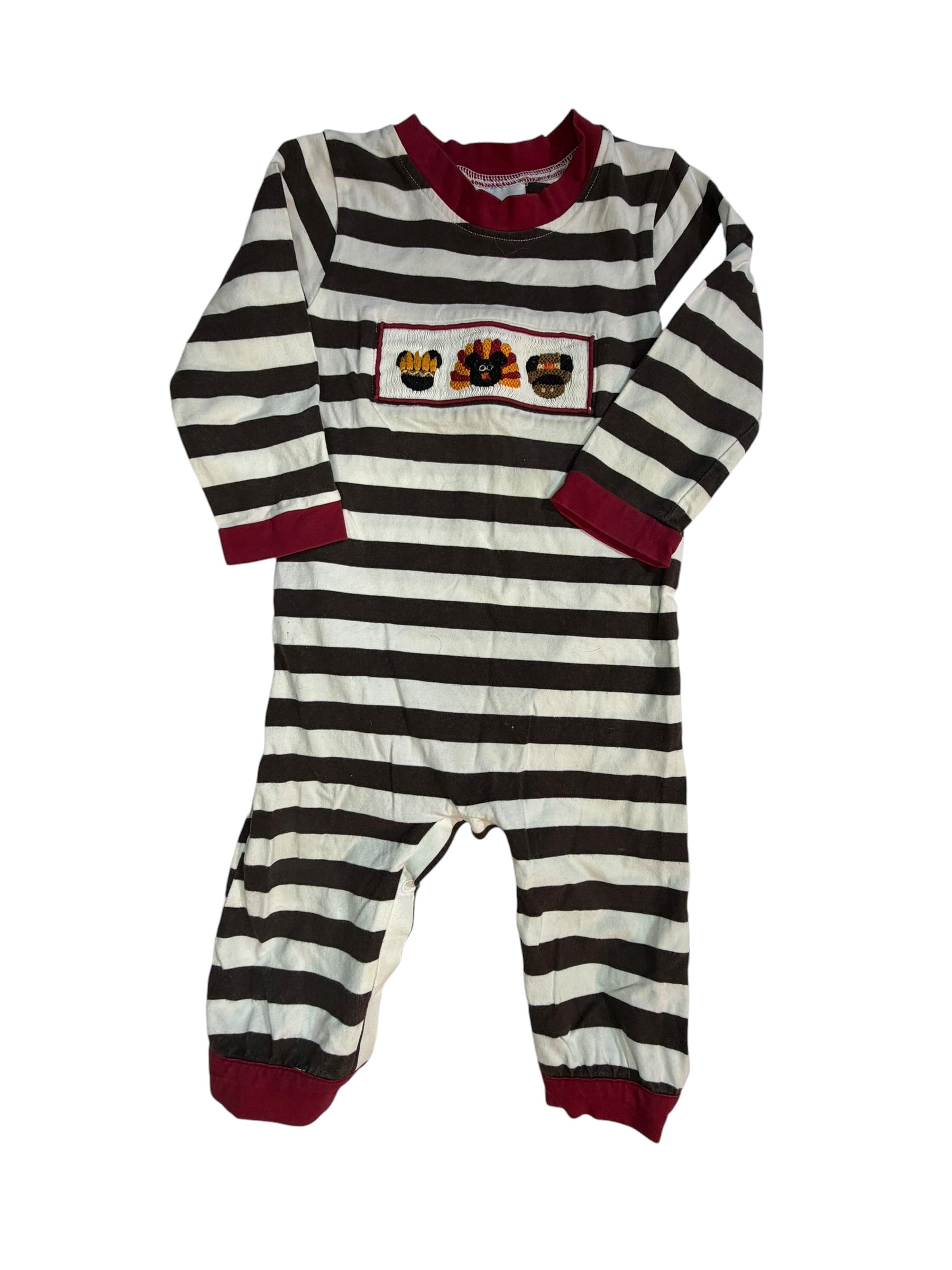 12M Awe Smock Brown and White and Red Striped Turkey Smocked Long-sleeve Longall GUC