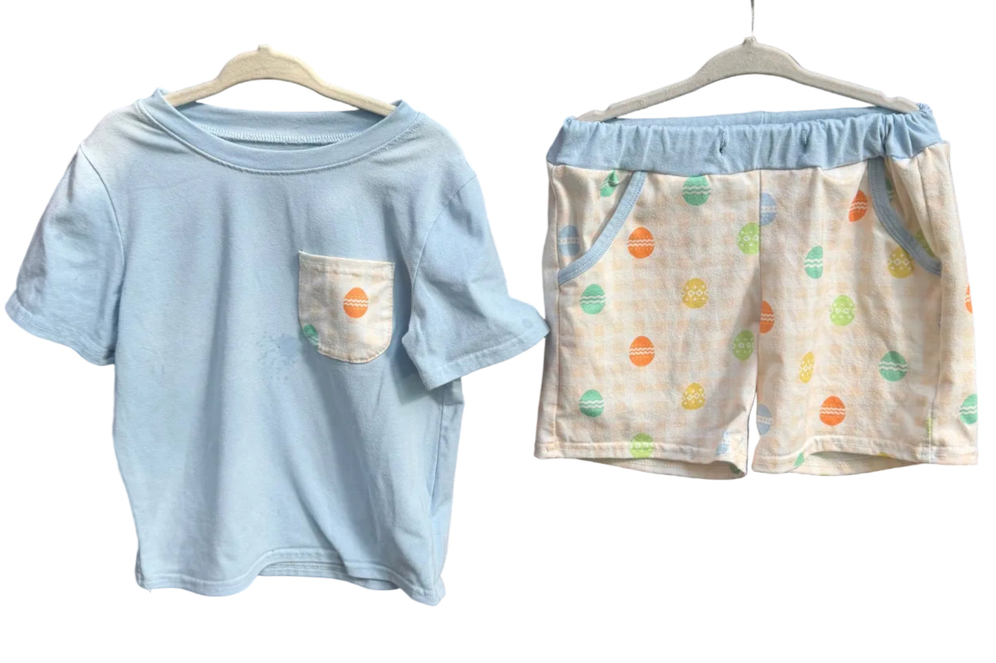 3T Abby & Evie Blue Pocket Shirt and Easter Egg Shorts Play