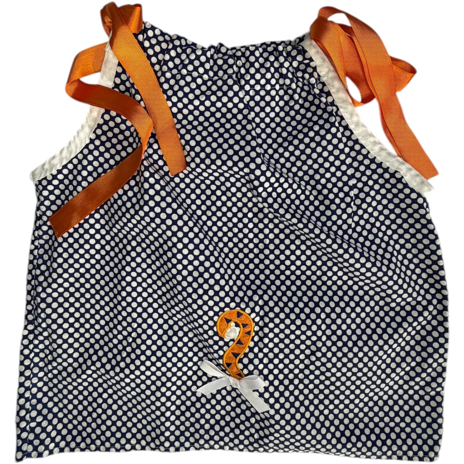 Blue, White & Orange Polka Dot Aubie Ribbon Dress EUC size Est. 2T gently used
