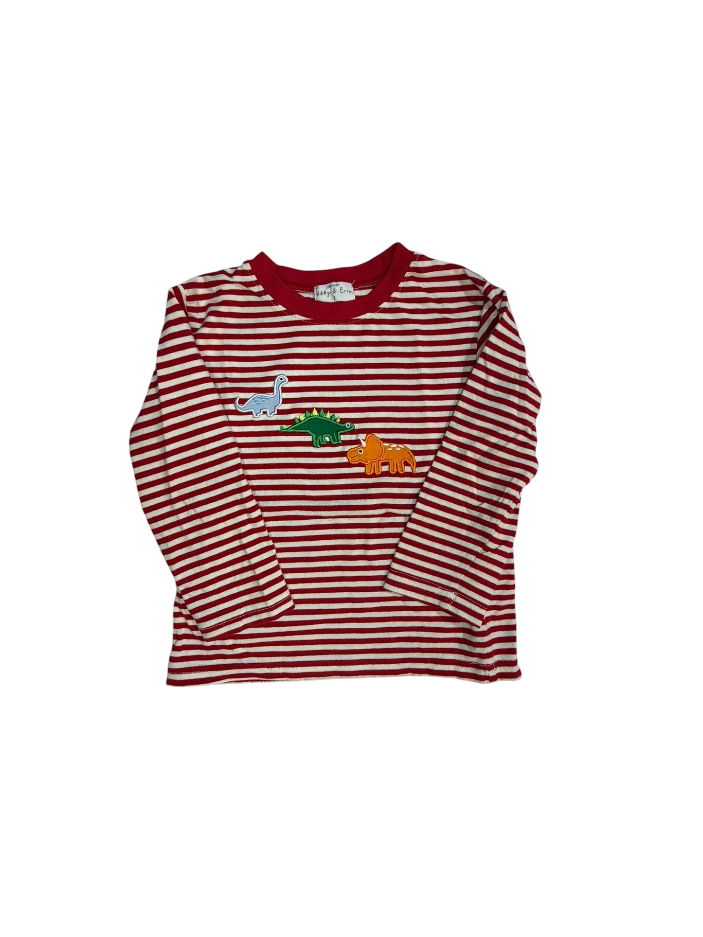Abby & Evie Red and White Striped Long-Sleeve Dinosaur Appliqué Shirt size 2T good used condition