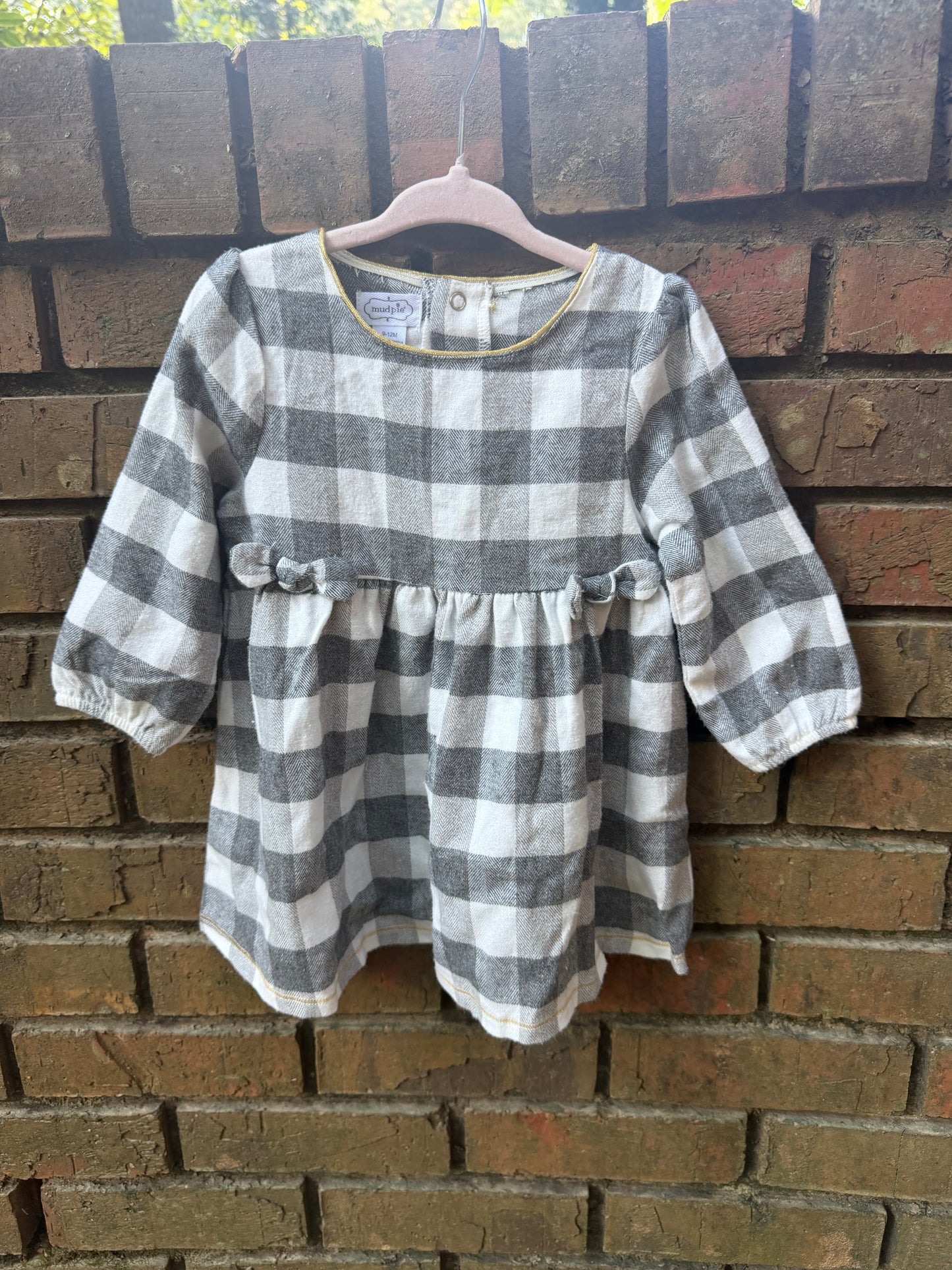 9-12M Mudpie Grey and White Long-sleeve Dress EUC