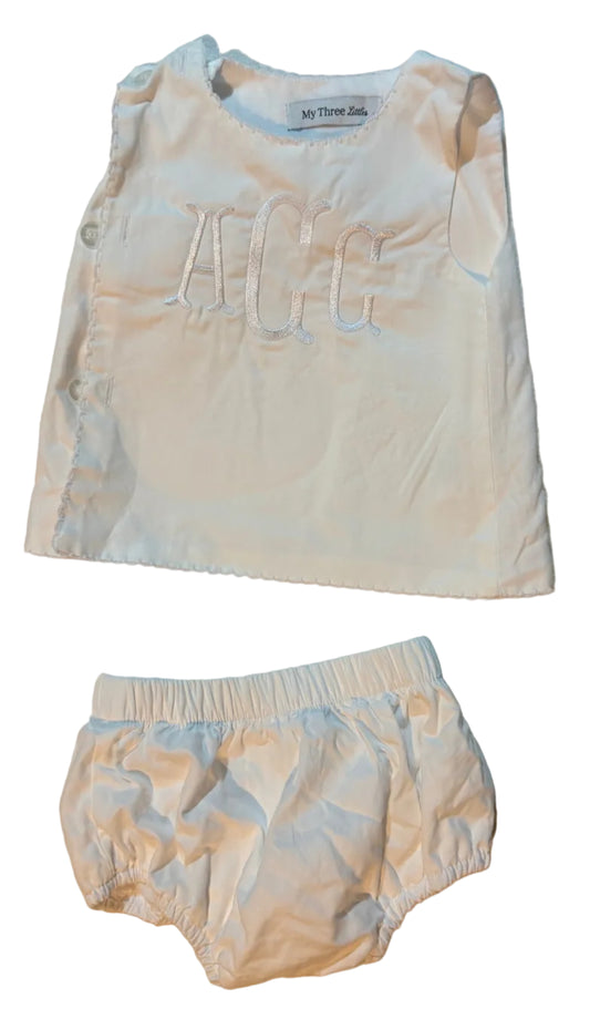 6M My Three Little White Sleeveless Blouse with Diaper Cover Set Initials "ACC" EUC