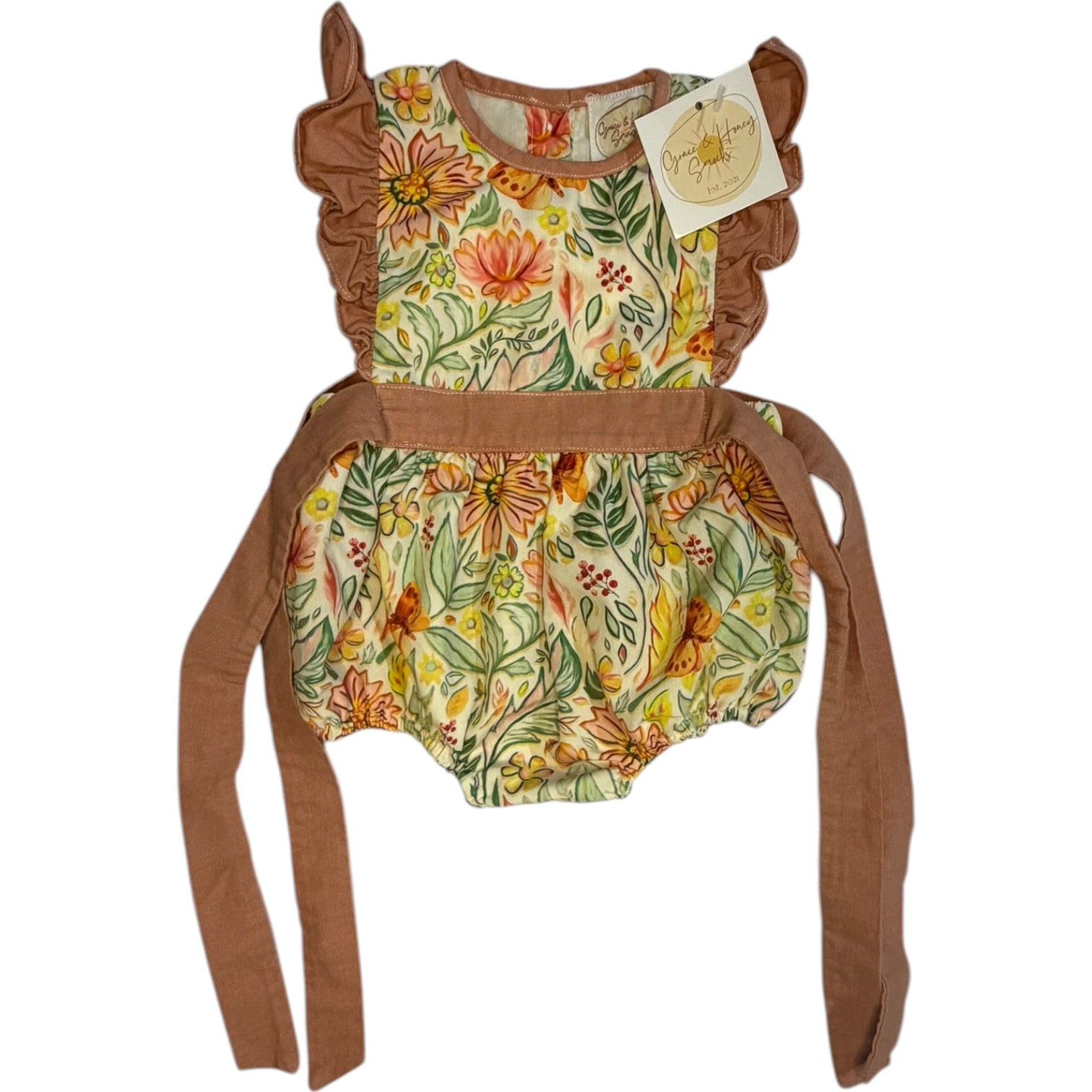 Grace and Honey Smocked Floral Ruffle Bubble with Tie Back size Newborn new with tags