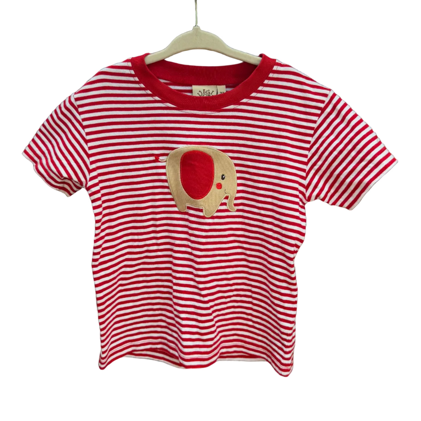 A kids' short-sleeve t-shirt with red and white horizontal stripes, featuring a red crew neck and a beige graphic of a slice of watermelon on the front, hanging on a white plastic hanger against a brick wall with green foliage in the background.