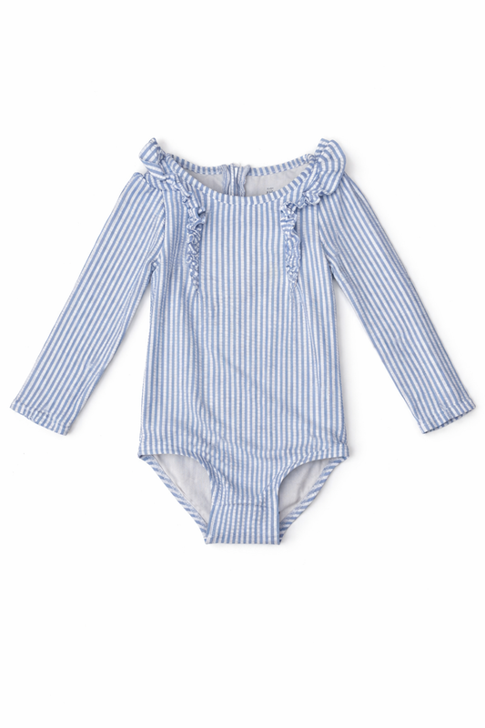Baby Gap Long Sleeve Blue Seersucker Swimsuit size 18-24M good used condition