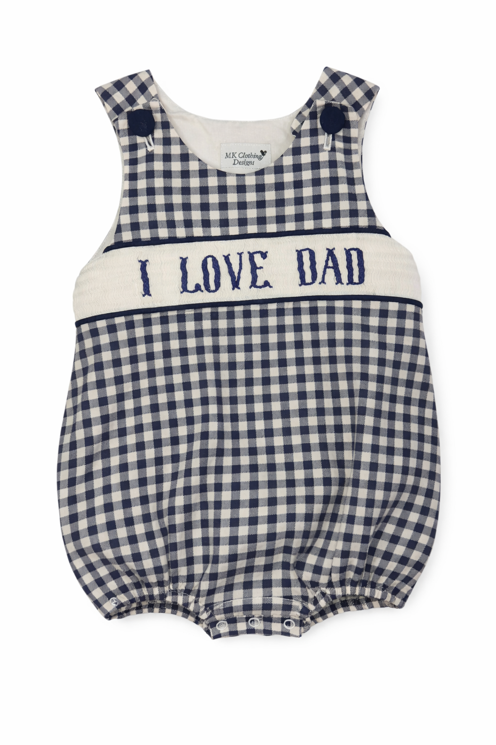 MK Clothing Designs I Love Dad Blue & White Gingham Bubble EUC size 12M gently used