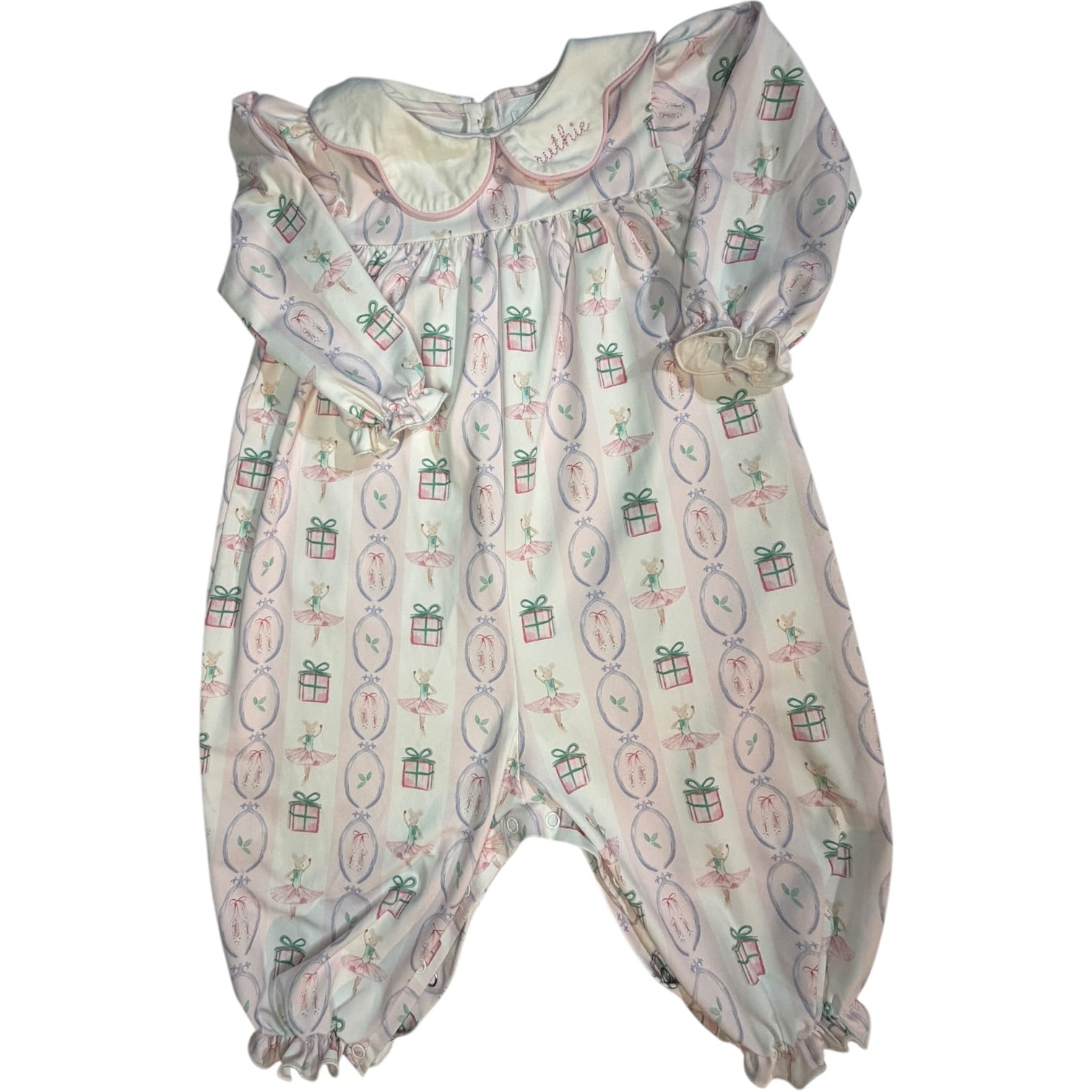 Cecil and Lou Baby Pink & White Striped Nutcracker Long-Sleeve Ruffle Romper with "Ruthie" Peter Pan Collar size 12M excellen