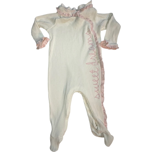 Mud Pie White & Baby Pink "Sweet Dreams" Ruffle Long-Sleeve Footed Sleeper size 6-9M excellent used condition