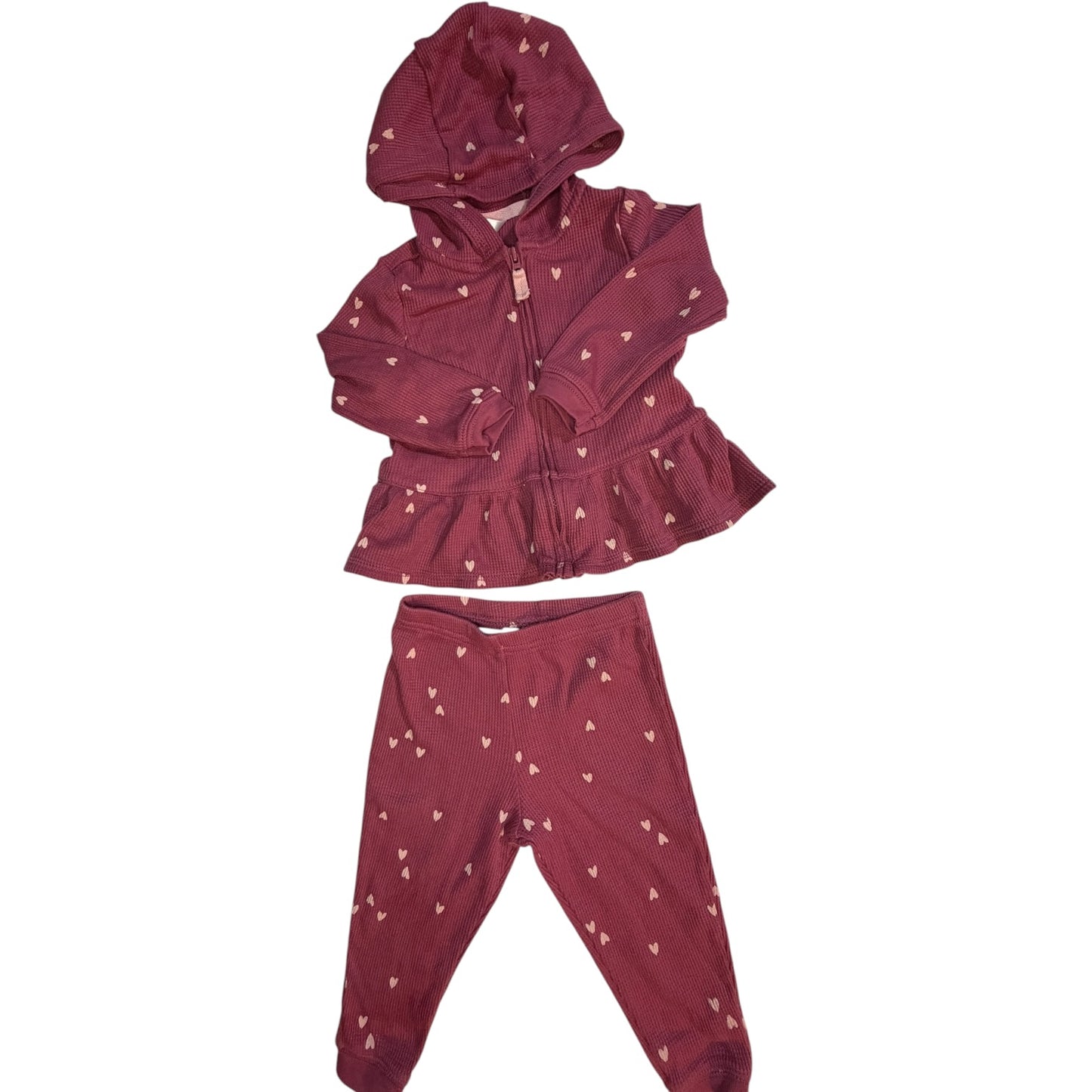 Carter's Dark Pink Heart Waffle Knit Sweatsuit Set with Hoodie size 12M excellent used condition