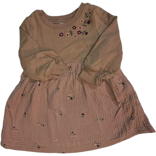 Carter's Brown & Pink Long-Sleeve Flower Dress with Matching Diaper Cover size 12M excellent used condition