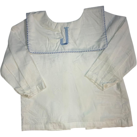 3T Jelly Bean Tots White Bishop Collar Long-Sleeve with Blue “J” and Gingham Trim GUC
