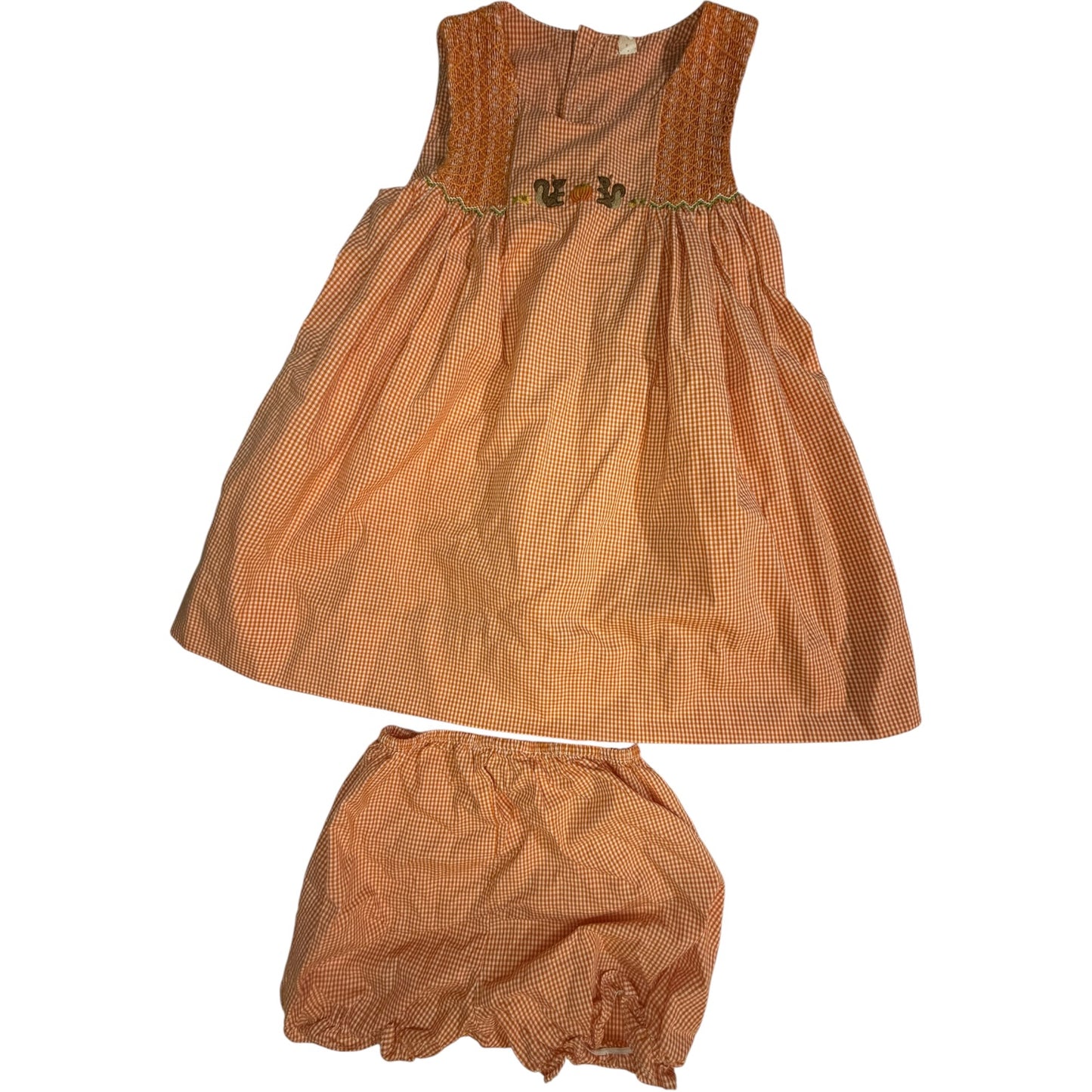 18M Orange Gingham Squirrel Smocked Sleeveless Dress with Matching Bloomers  EUC