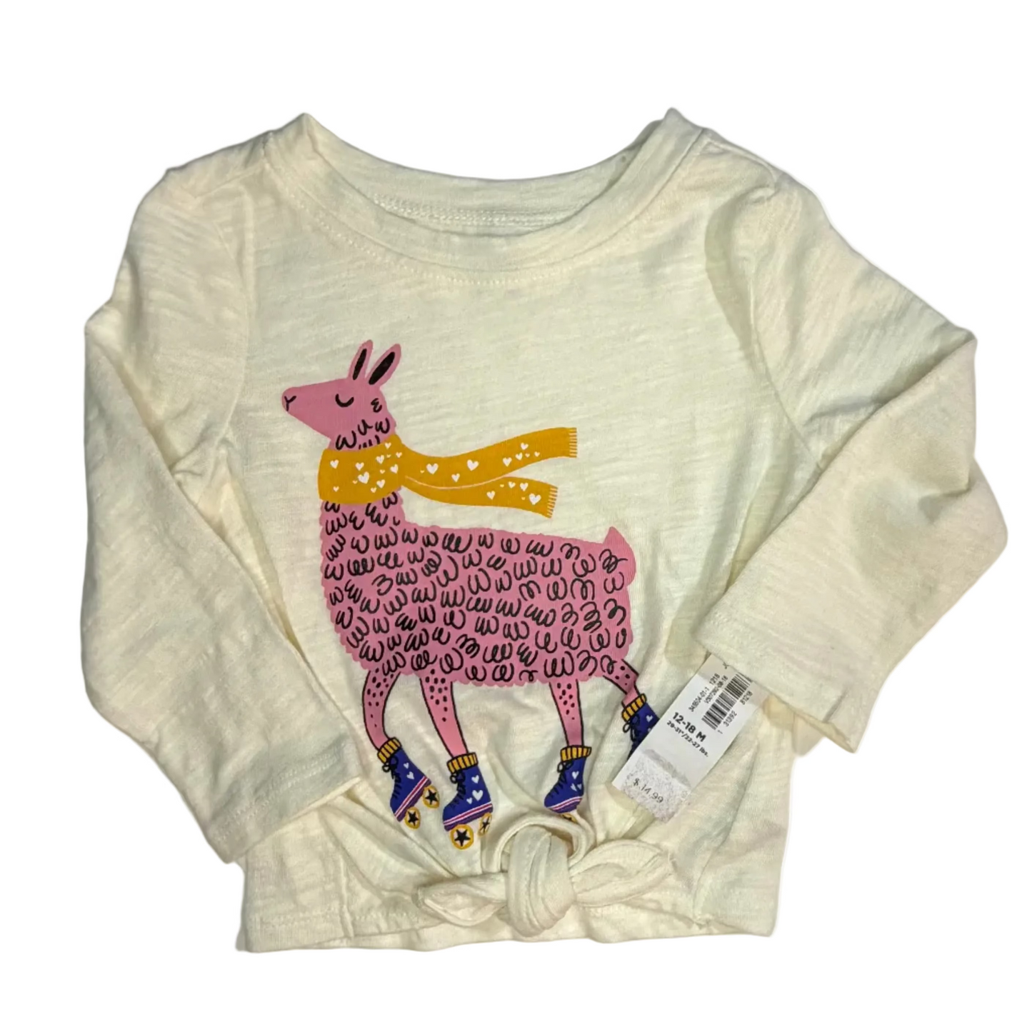 A cream-colored long-sleeve baby/toddler shirt with a colorful llama graphic on the front, laid flat on a white surface.