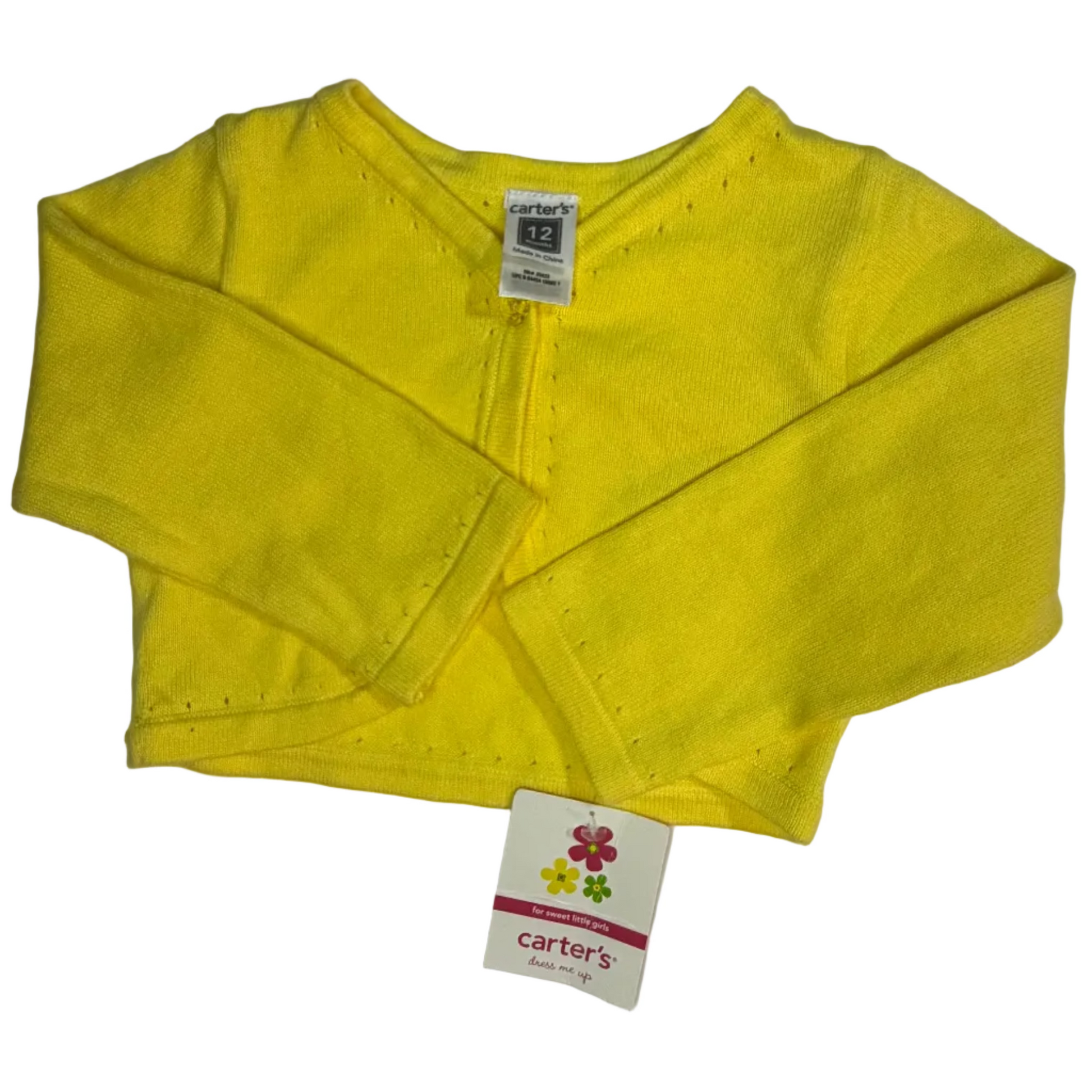 A baby long-sleeve knit top in bright yellow, laid flat on a white fabric background. The top features a snap-button front closure and has a visible Carters brand tag.