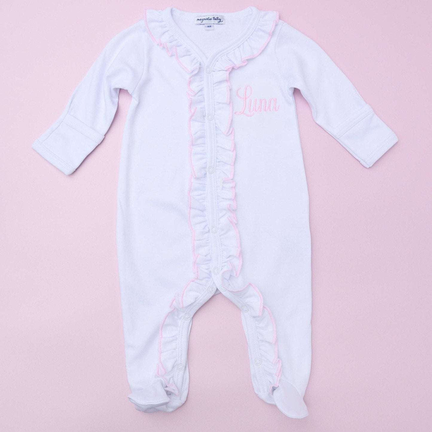 9M | Magnolia Baby | Baby Girl White Ruffle Footie with Pink Trim | NWT