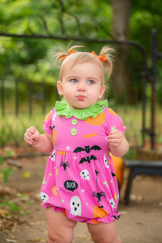 6M | Posh Pickle | Boo! Pink Knit Halloween Print Bubble with Lime Green Ruffle Collar | NWT