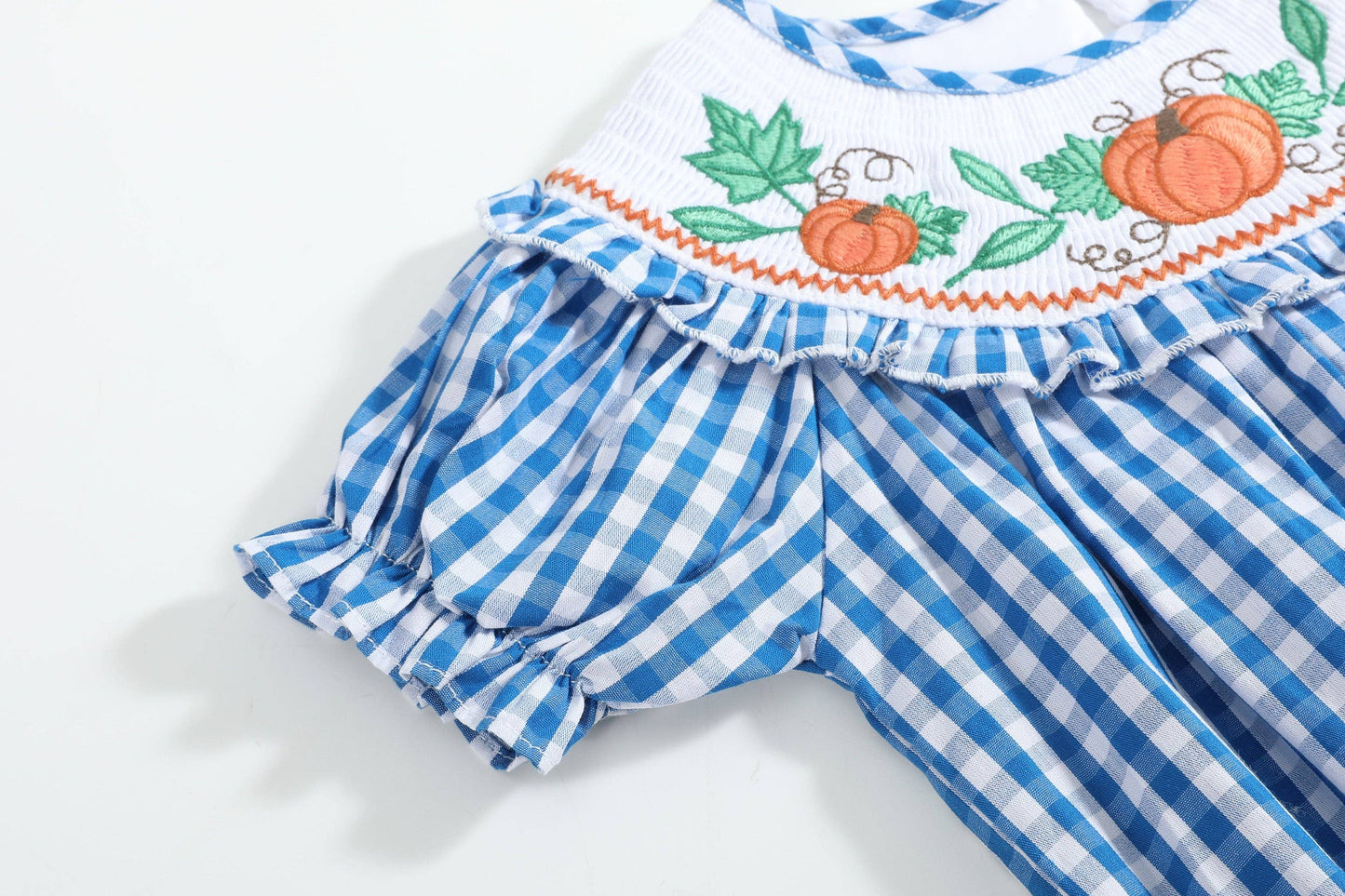 6-12M | Lil Cactus | Blue Gingham Pumpkin Smocked Ruffle Romper | NWT